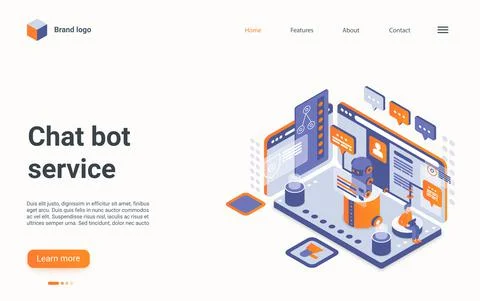 Chat bot isometric landing page, 3d online service for communicating with Stock Illustration