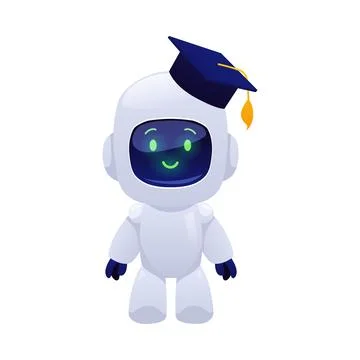 Chat bot robot with graduate cap, cute AI assistance machine vector flat icon Stock Illustration
