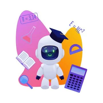 Chat bot robot with graduate cap, cute AI assistance machine on decorative Stock Illustration