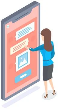 Chat bot robot speech internet. AI service mobile isolated app. Girl uses Stock Illustration