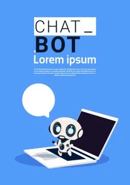 Chat Bot Robot Using Laptop Computer And Hold Speech Bubble Banner With Copy Stock Illustration