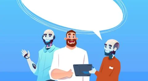 Chat Bot Robots And Man Using Tablet Computer Virtual Assistance Artificial Illustrazione stock