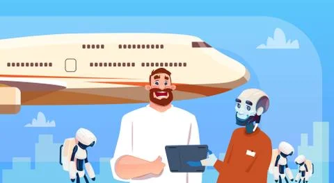 Chat Bot Robots And Man Using Tablet Computer Booking Tickets On Plane Virtual Illustrazione stock