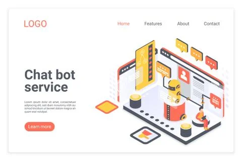 Chat bot service isometric vector landing page template. Customer support Illustrazione stock