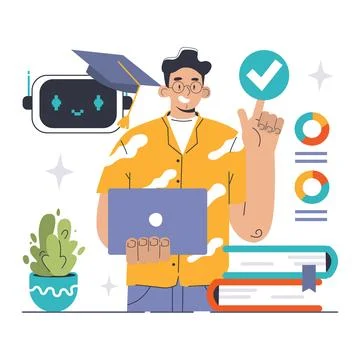 Chat Bot Training concept. An enthusiastic programmer fine-tunes Illustrazione stock