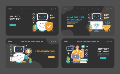 Chat Bot Universe dark or night mode web, landing set. Dive into AI-driven Stock Illustration