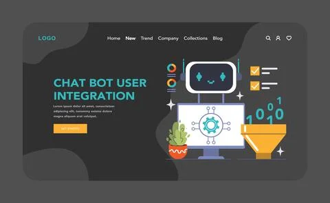 Chat Bot User Integration dark or night mode web, landing. Digital assistant Stock Illustration