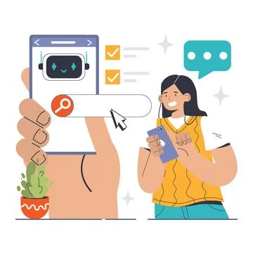 Chat Bot User Interface concept. Woman interacts with digital assistant Stock Illustration