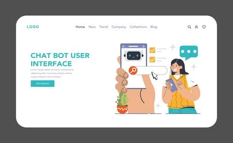 Chat Bot User Interface web or landing. Woman interacts with digital Illustrazione stock