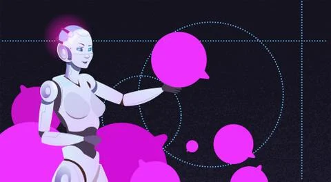 Chat bot using bubbles, woman robot virtual assistance of website or mobile Illustrazione stock