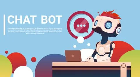 Chat Bot Using Laptop Computer, Robot Virtual Assistance Of Website Or Mobile Illustrazione stock