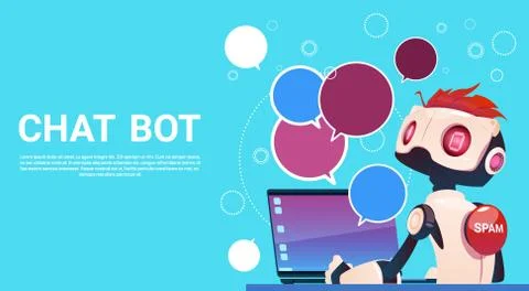 Chat Bot Using Laptop Computer, Robot Virtual Assistance Of Website Or Mobile 스톡 일러스트