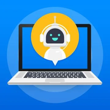 Chat Bot Using Laptop Computer, Robot Virtual Assistance Of Website Or Mobile 스톡 일러스트