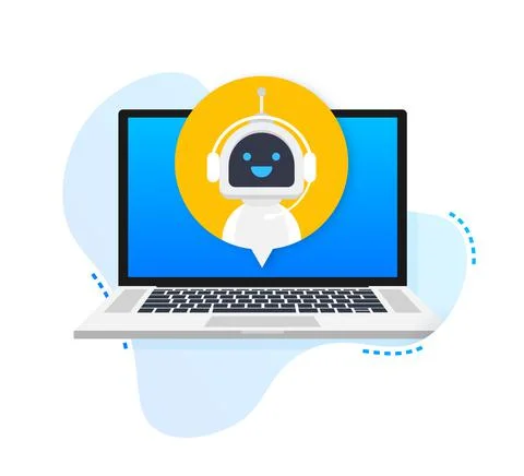 Chat Bot Using Laptop Computer, Robot Virtual Assistance Of Website Or Mobile 스톡 일러스트