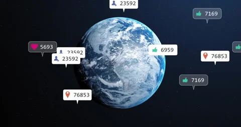 Chat bubble appearing above rotating 3D Earth and sparking global icons Stock Footage 311141547