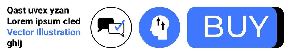 Chat bubble with checkmark, user icon with arrows, and blue BUY button. Ideal Stock Illustration