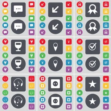 Chat bubble, Deploying screen, Medal, Wineglass, Checkpoint, Tick, Headphones, S Stock Illustration