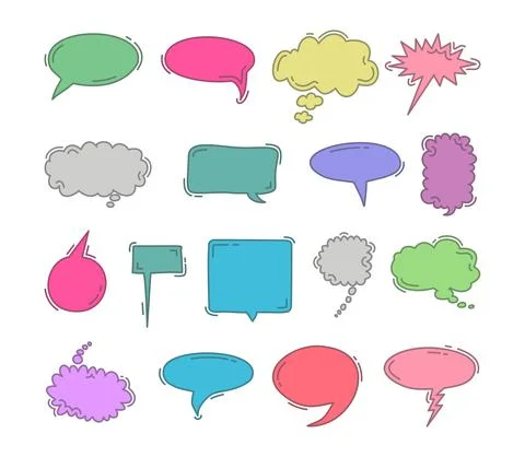 Chat bubble doodle colorful hand draw element set. Vector set of speech bubbl Stock Illustration
