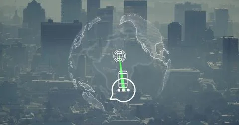 Chat bubble, dotted globe on ping, pulsing green line over hazy skyline showing Stock Illustration
