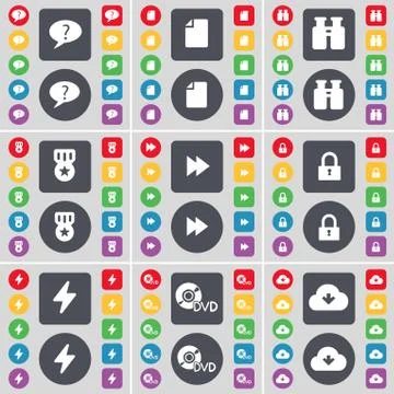 Chat bubble, File, Binoculars, Medal, Rewind, Lock, Flash, DVD, Cloud icon symbo Illustrazione stock