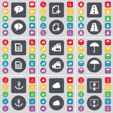 Chat bubble, File, Road, File, Film camera, Umbrella, Anchor, Cloud, Monitor ico Stock Illustration