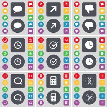 Chat bubble, Full screen, Dislike, Clock, Tick, Clock, Chat bubble, Mobile, Star Stock Illustration