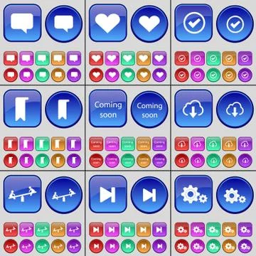 Chat bubble, Heart, Tick, Marker, Coming soon, Cloud, Swing, Media skip, Gear. A Stock Illustration