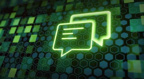 Chat bubble icon with electronics circuit. Blue and gradient background. Stock Illustration