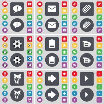 Chat bubble, Message, Clip, Ball, Battery, Film camera, Bow, Arrow right, Media Stock Illustration