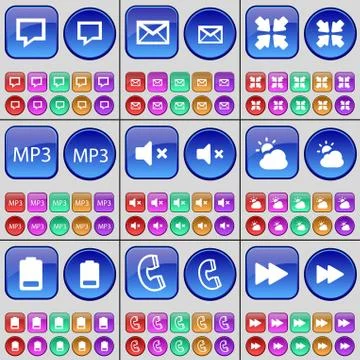 Chat bubble, Message, Deploying screen, MP3, Mute, Cloud, Battery, Receiver, Rew イラスト素材