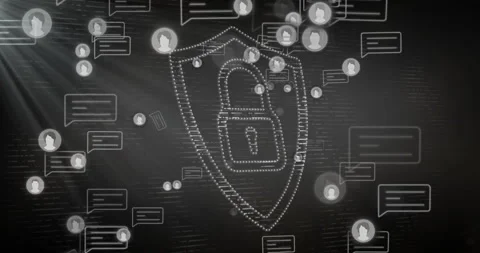 Chat-bubble outlines, user-avatar icons drifting sparking shield forming padlock Stock Footage 310151125