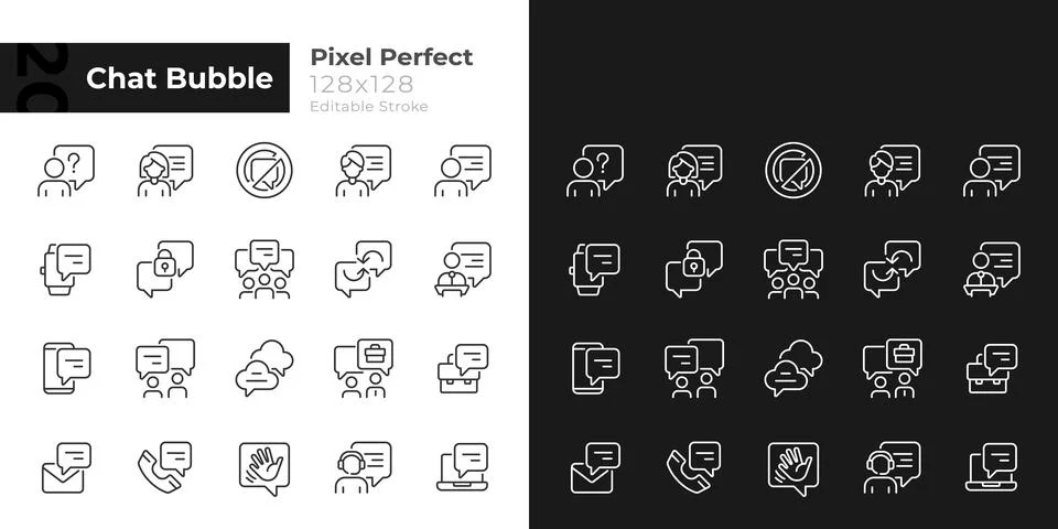 Chat bubble pixel perfect linear icons set for dark, light mode Ilustração Stock