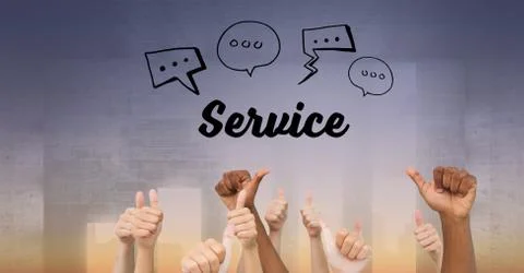 Chat bubble with service text over hands showing thumbs up Stock Photos