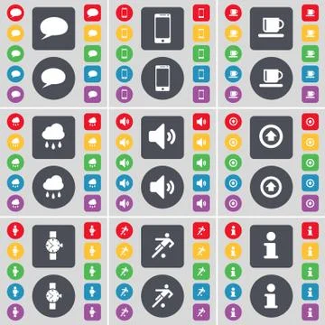 Chat bubble, Smartphone, Cup, Cloud, Sound, Arrow up, Wrist watch, Silhouette, I Stock Illustration