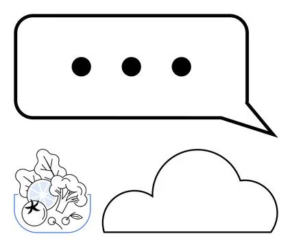 Chat bubble with three dots, bowl of vegetables, and cloud shape. Ideal for c Stock Illustration