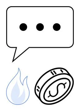 Chat bubble with three dots, a flame, and a coin with dollar sign. Ideal for  Stock Illustration