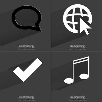 Chat bubble, Web with cursor, Tick, Note icon sign. Set of Symbols with Flat  Stock Illustration