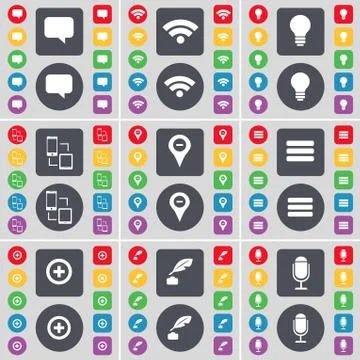Chat bubble, Wi-Fi, Light bulb, Connection, Checkpoint, Apps, Plus, Ink pot, Mic Stock-Illustration