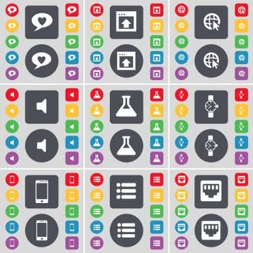 Chat bubble, Window, Web cursor, Sound, Flask, Wrist watch, Smartphone, List, LA Illustrazione stock