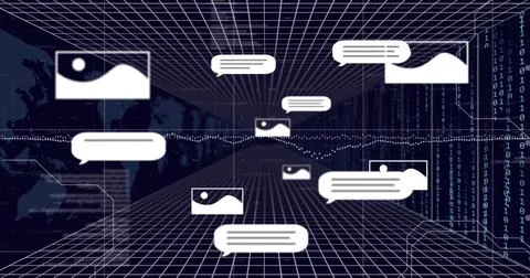 Chat bubbles and image icons image over grid background with data points 스톡 일러스트