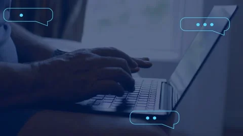 Chat bubbles appearing around laptop, hands starting typing, pausing, replying Stock Footage 334788741
