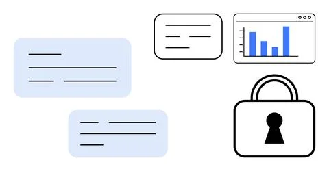 Chat bubbles, bar chart in a browser, and a padlock icon. Ideal for data anal Illustrazione stock