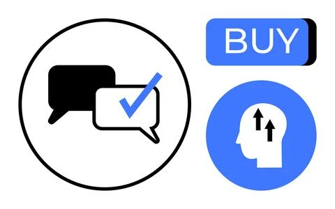 Chat bubbles with check mark, buy button, and head with upward arrows. Ideal  Stock Illustration