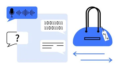 Chat bubbles with microphone, binary code, and question mark surrounding a sh 库存插图