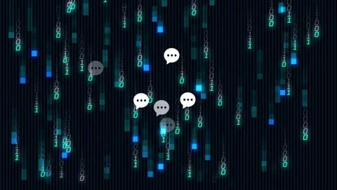 Chat bubbles over digital binary code and data stream animation Video stock 306170628