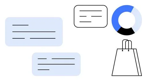 Chat bubbles, pie chart, and shopping bag convey themes of customer communica Stock Illustration