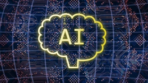 Chat-bubbles sliding in from edges starting sync, neon brain AI revealing binary Stock Footage 335651802