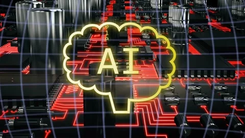 Chat bubbles sliding in, neon AI brain filling with binary digits, showing Stock Footage 335316877