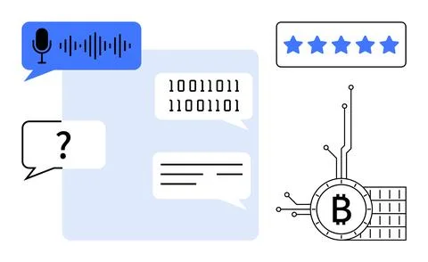 Chat bubbles with text and binary code, voice recognition symbol, cryptocurre Stock Illustration