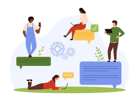 Chat conversation in social media, tiny people sitting and standing on text Illustrazione stock